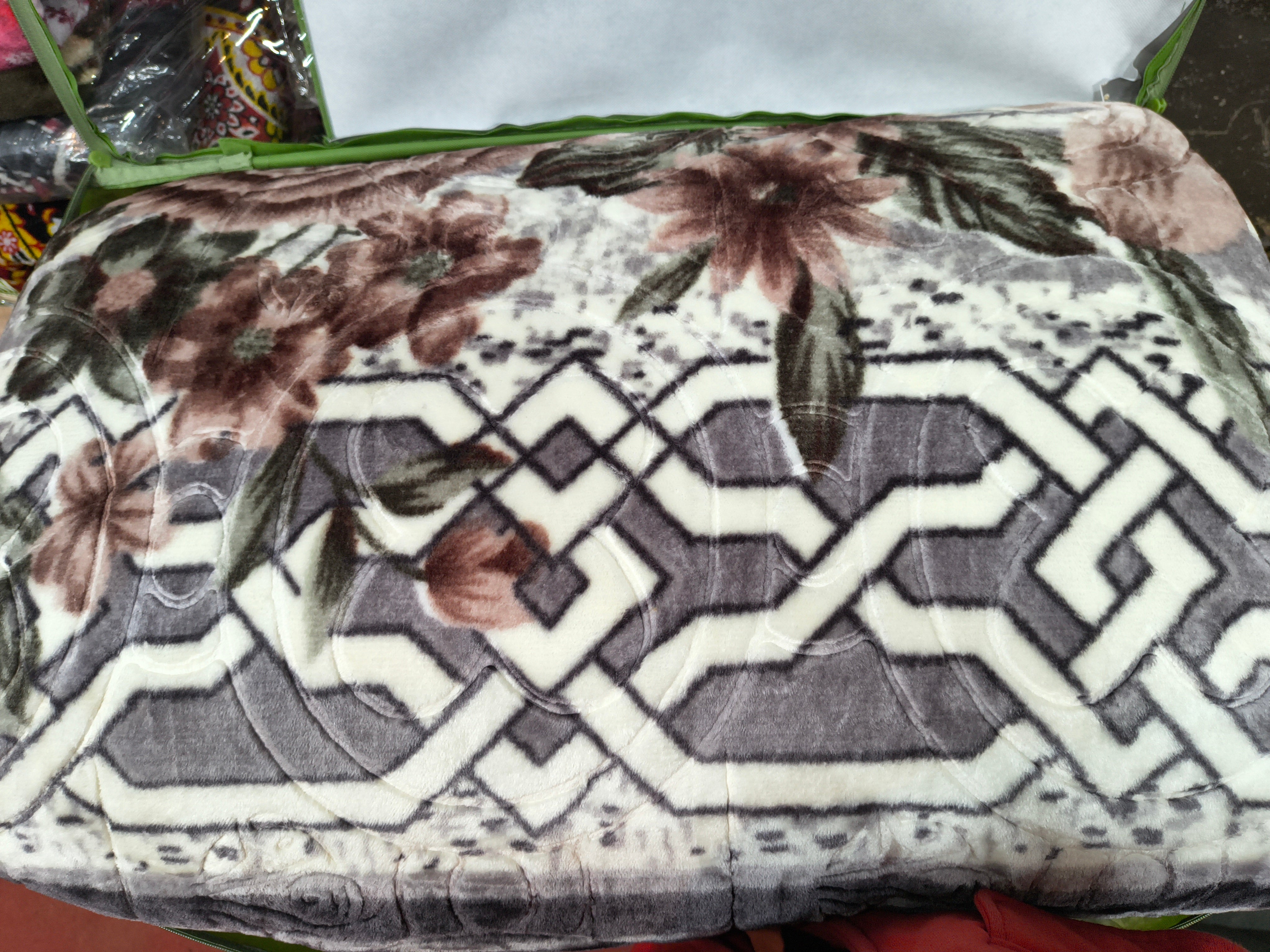 Double Bed Winter Rajai – Floral & Geometric Design (Brown & Grey)