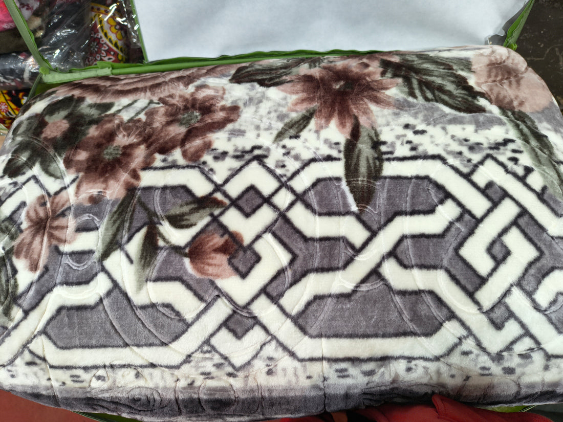 Double Bed Winter Rajai – Floral & Geometric Design (Brown & Grey)