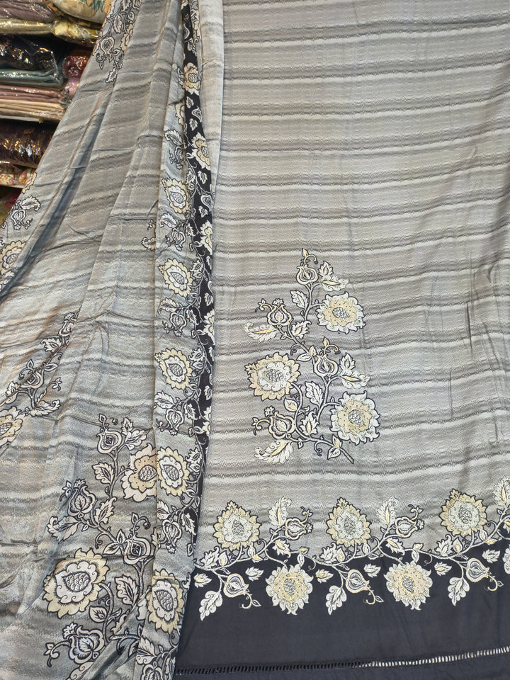 Grey Printed Unstitched Pashmina Suit Fabric with Chinnon Dupatta