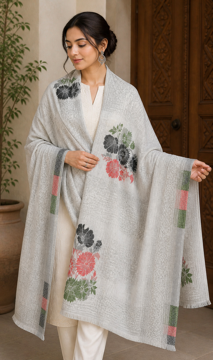 Ivory Floral Woven Shawl