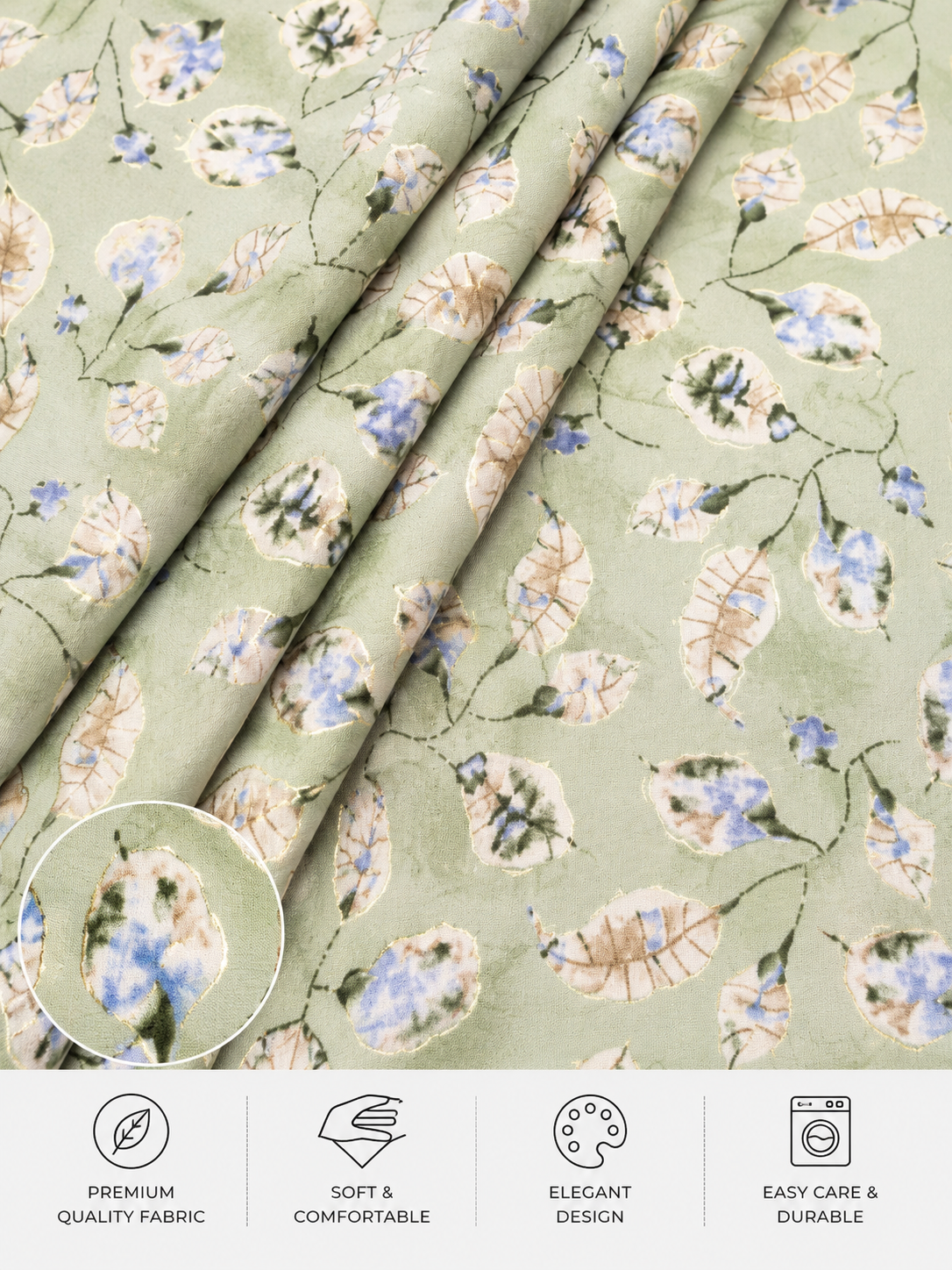 Sage Green Gold Foil Rayon Fabric – 5 Meter Cut Piece