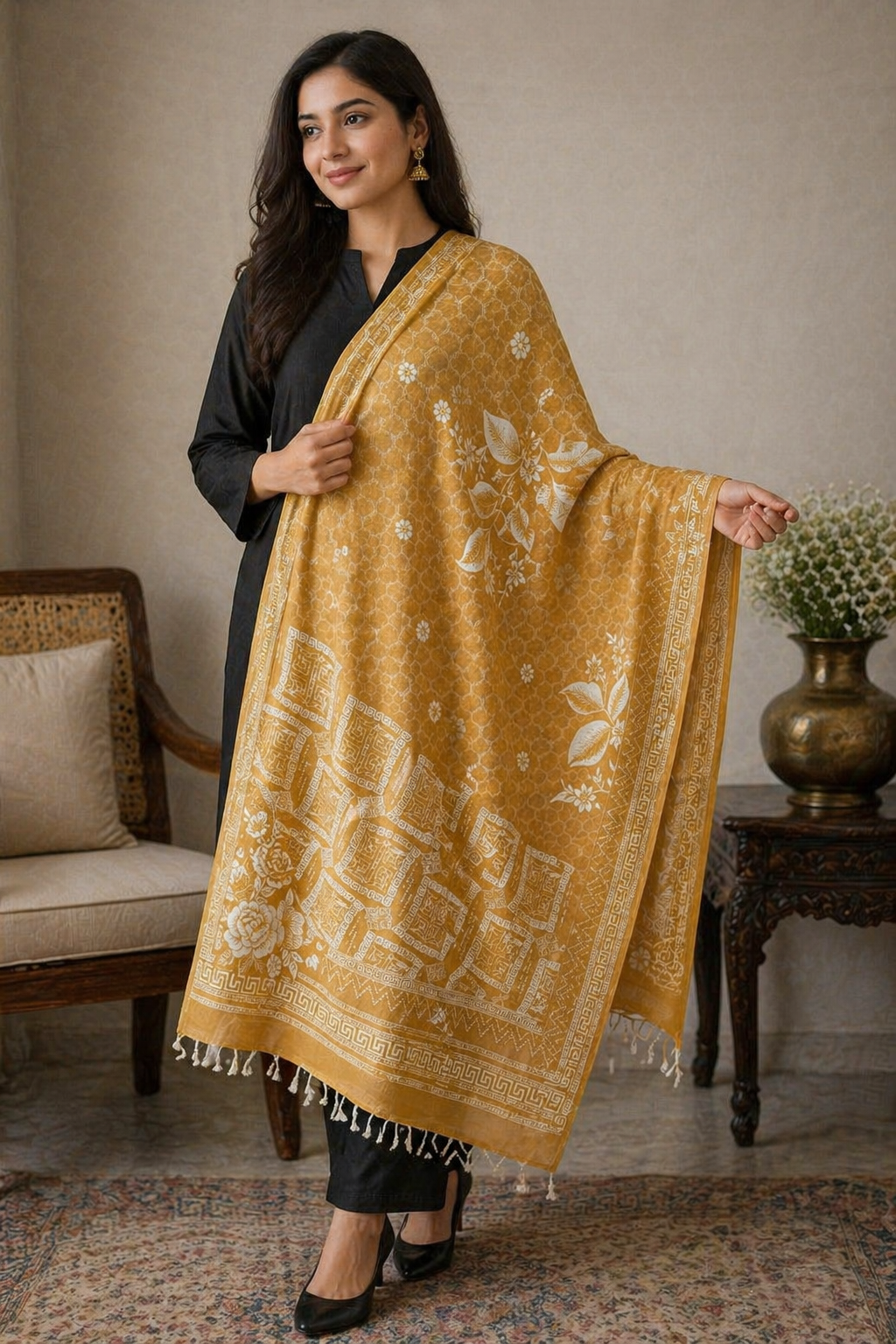 Elegant Mustard Monochrome Shawl with Floral & Geometric Weave