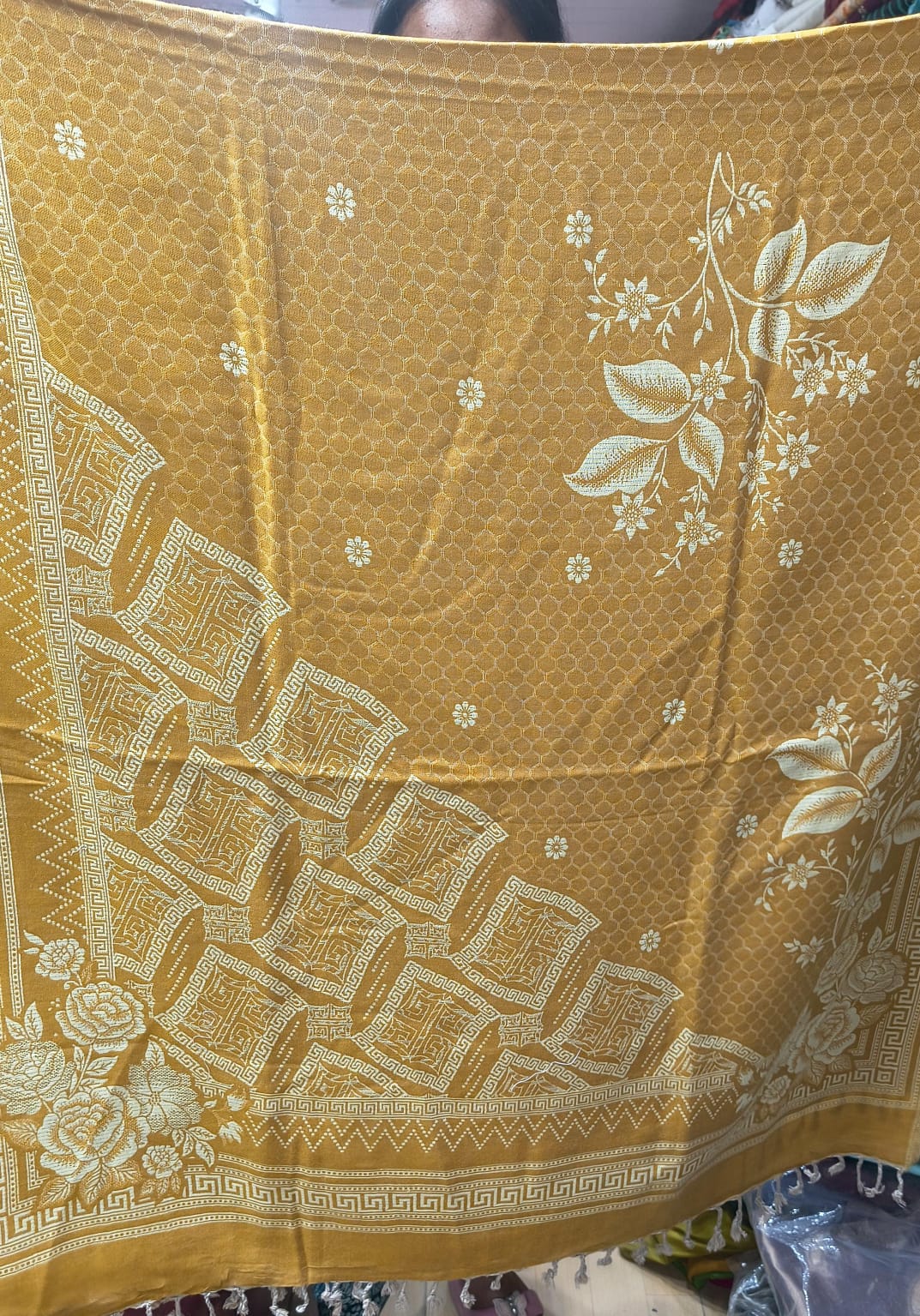 Elegant Mustard Monochrome Shawl with Floral & Geometric Weave