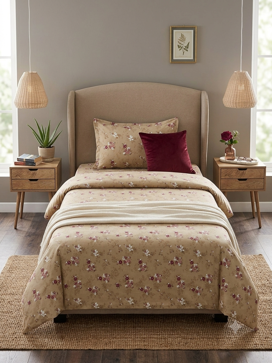 Monte Carlo Home Elegance Premium 100% Cotton Single Bedsheet Set – Warm Beige & Rose Ditsy Floral