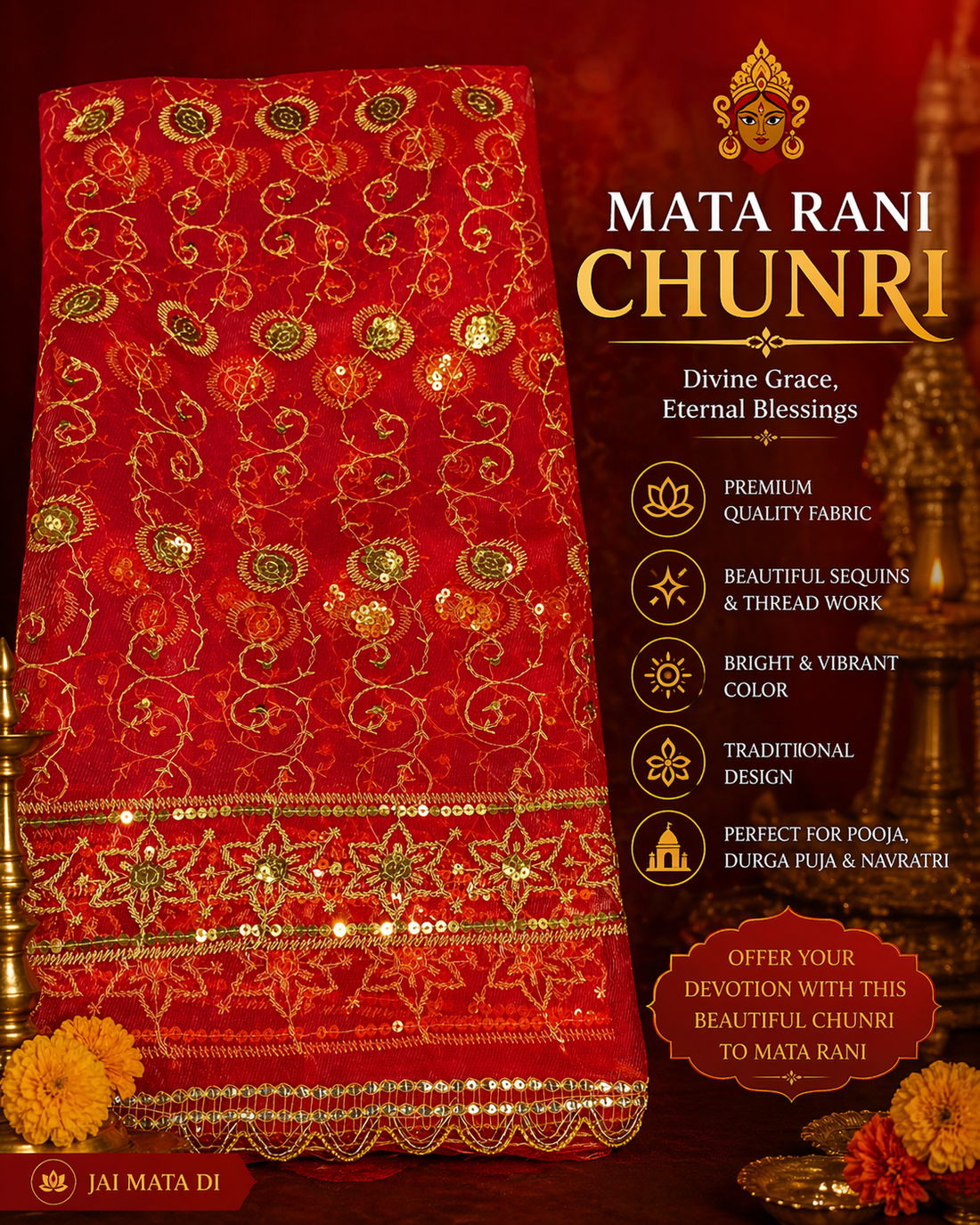 Mata Rani Chunri – Designer Red Net with Golden Embroidery