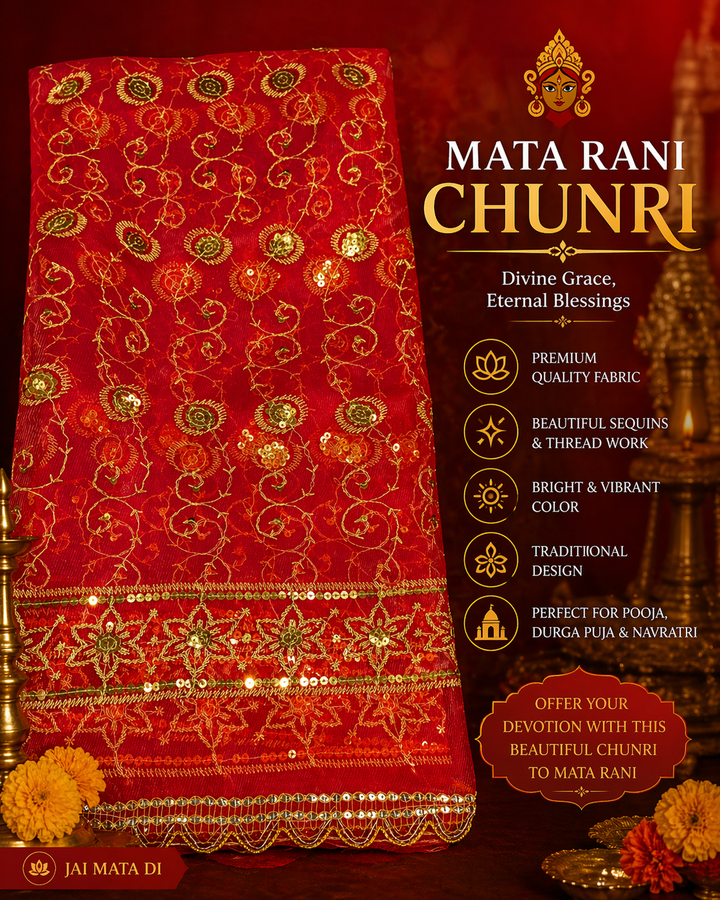 Mata Rani Chunri – Designer Red Net with Golden Embroidery