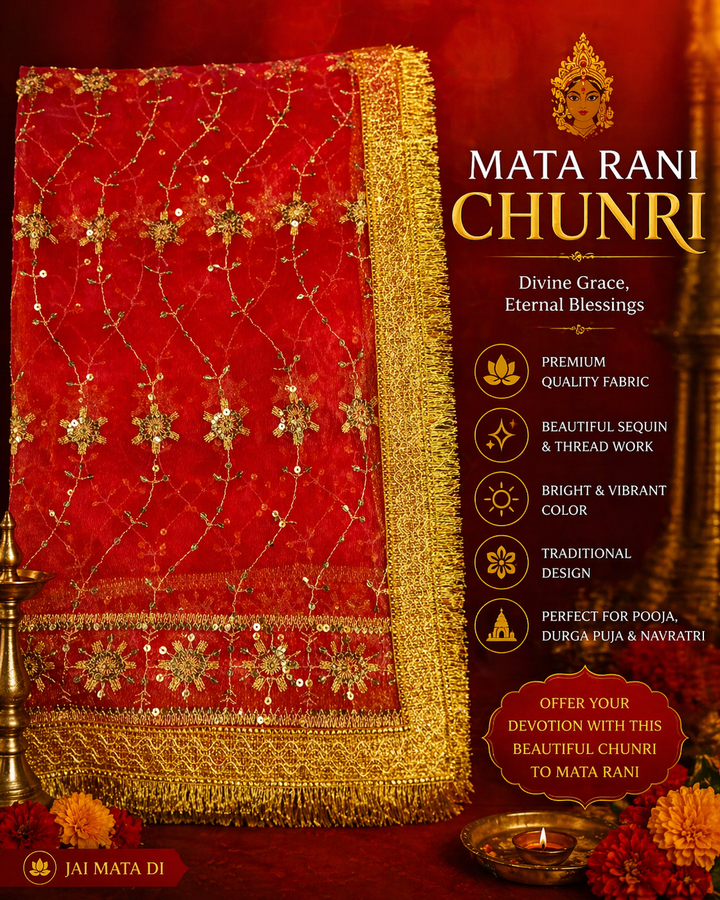 Mata Rani Chunri – Red Net with Heavy Golden Border & Sequin Work