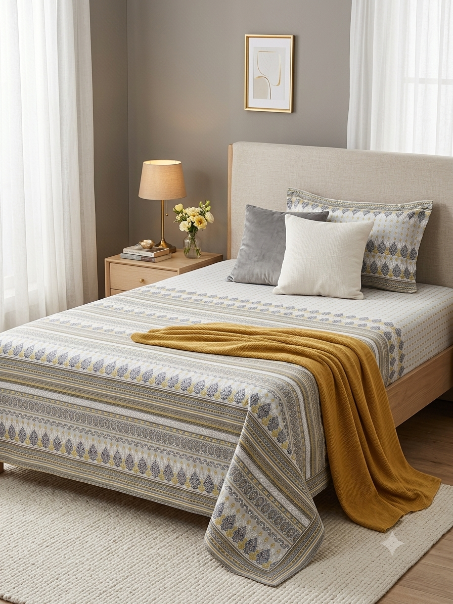 Monte Carlo Home Elegance Premium Pure Cotton Single Bedsheet Set – Ochre & Grey Geometric