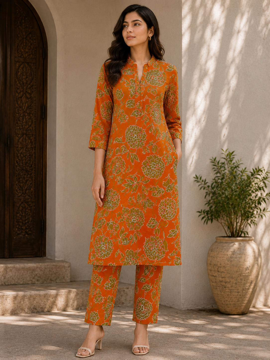 Orange Floral Cotton Fabric – 5 Meter Allover Print