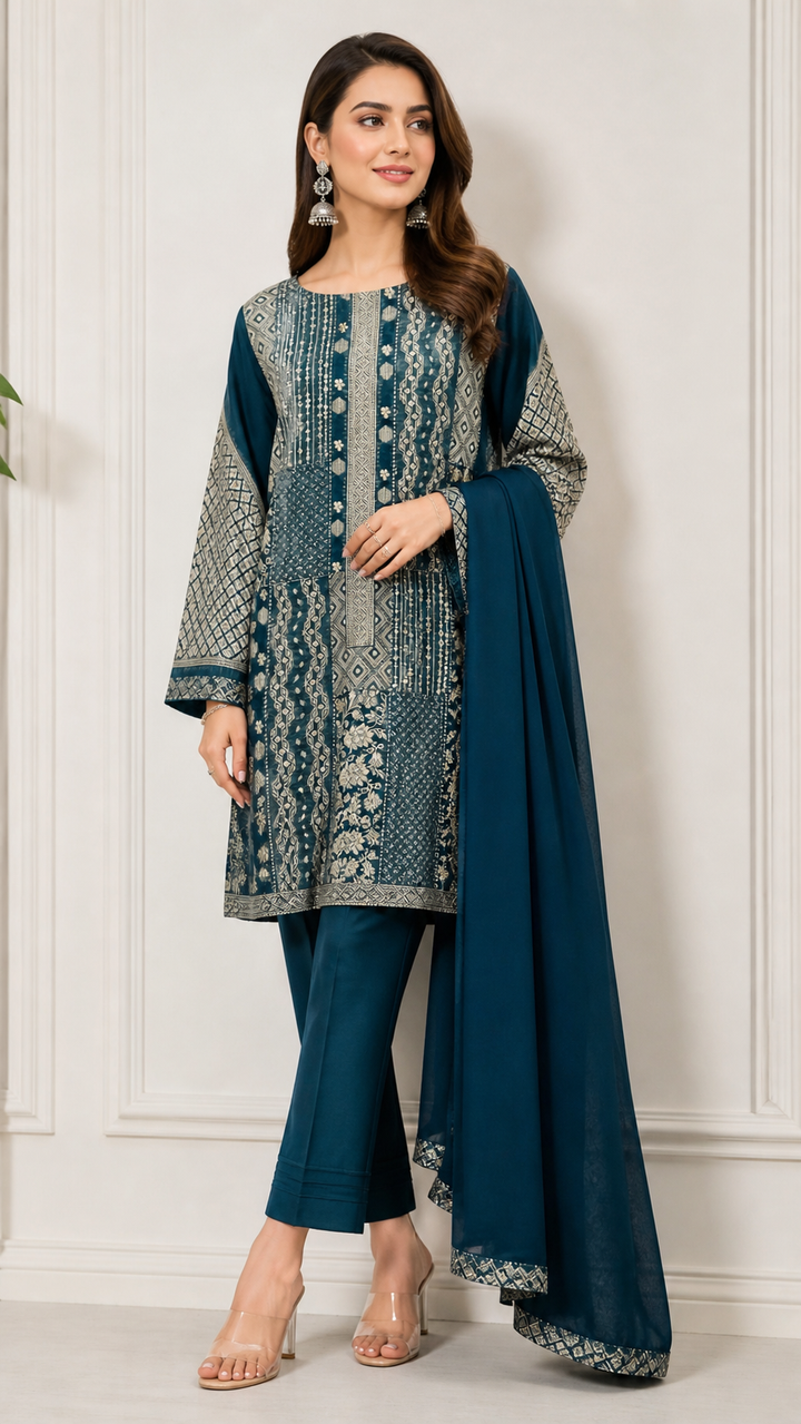 Khennkhab Printed Suit Set with Organza Dupatta
