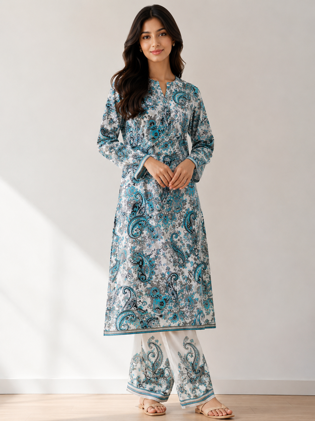 Pure Mal Cotton Printed Suit Set – Sky Blue Paisley