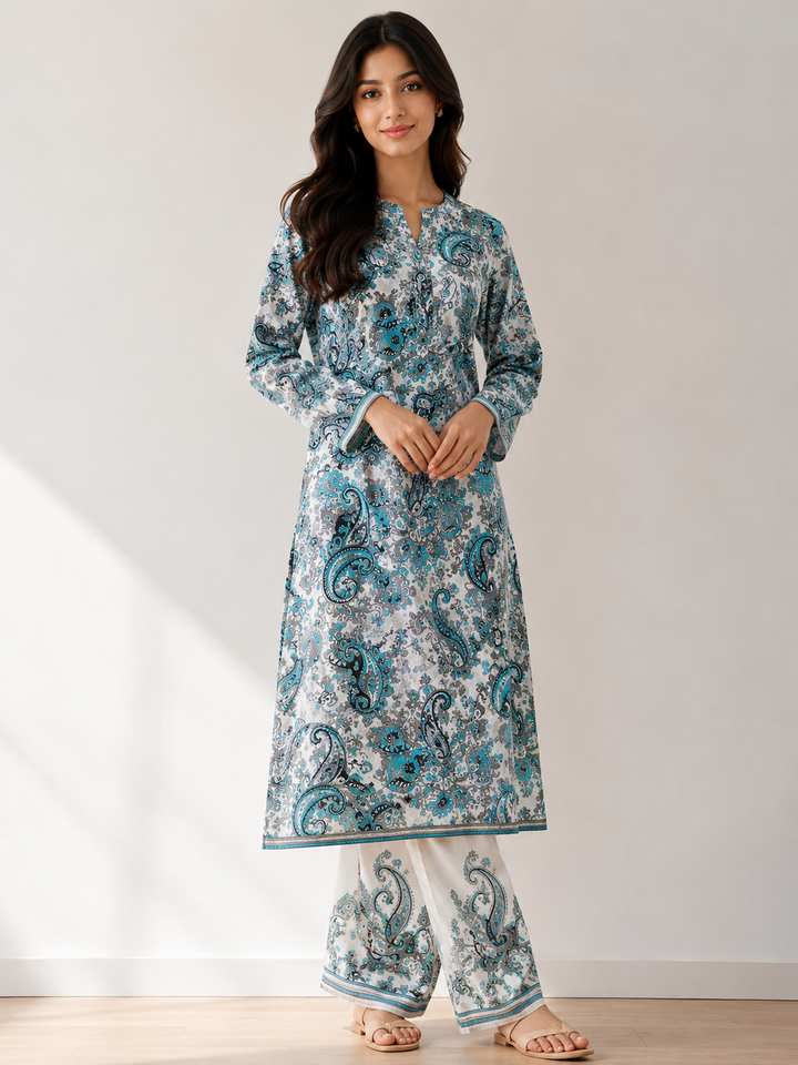 Pure Mal Cotton Printed Suit Set – Sky Blue Paisley