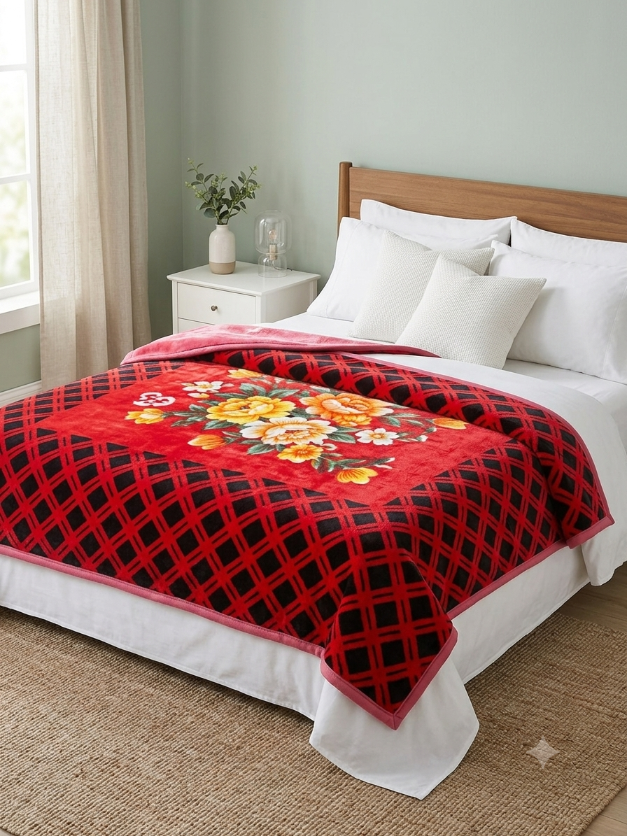 Royal Crimson Floral & Plaid Double Bed Blanket**