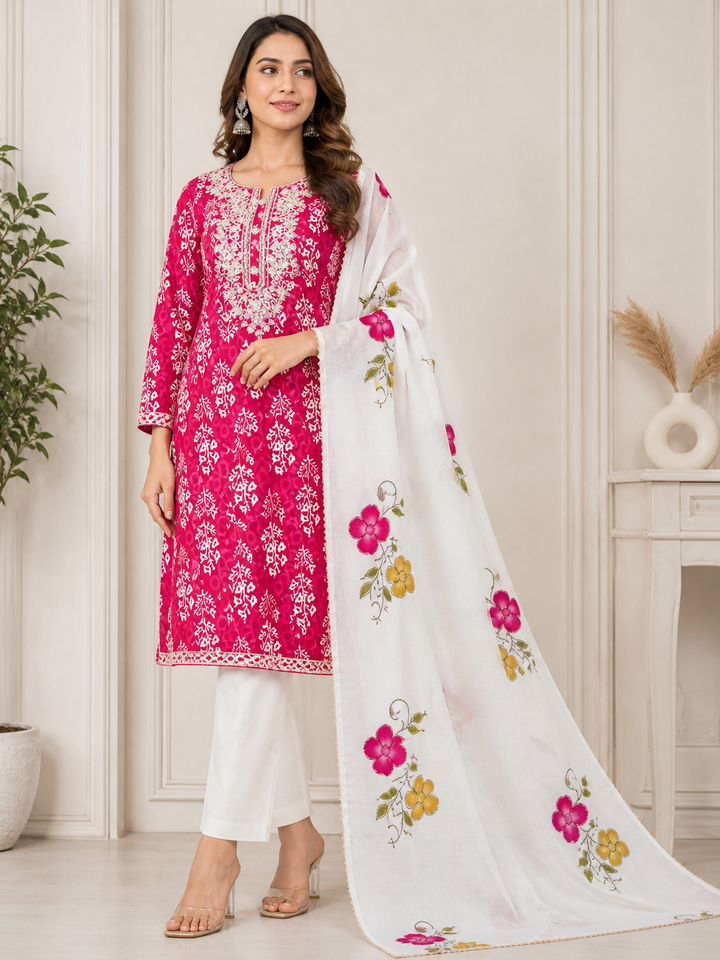 Cambric Cotton Printed Suit with Floral Dupatta