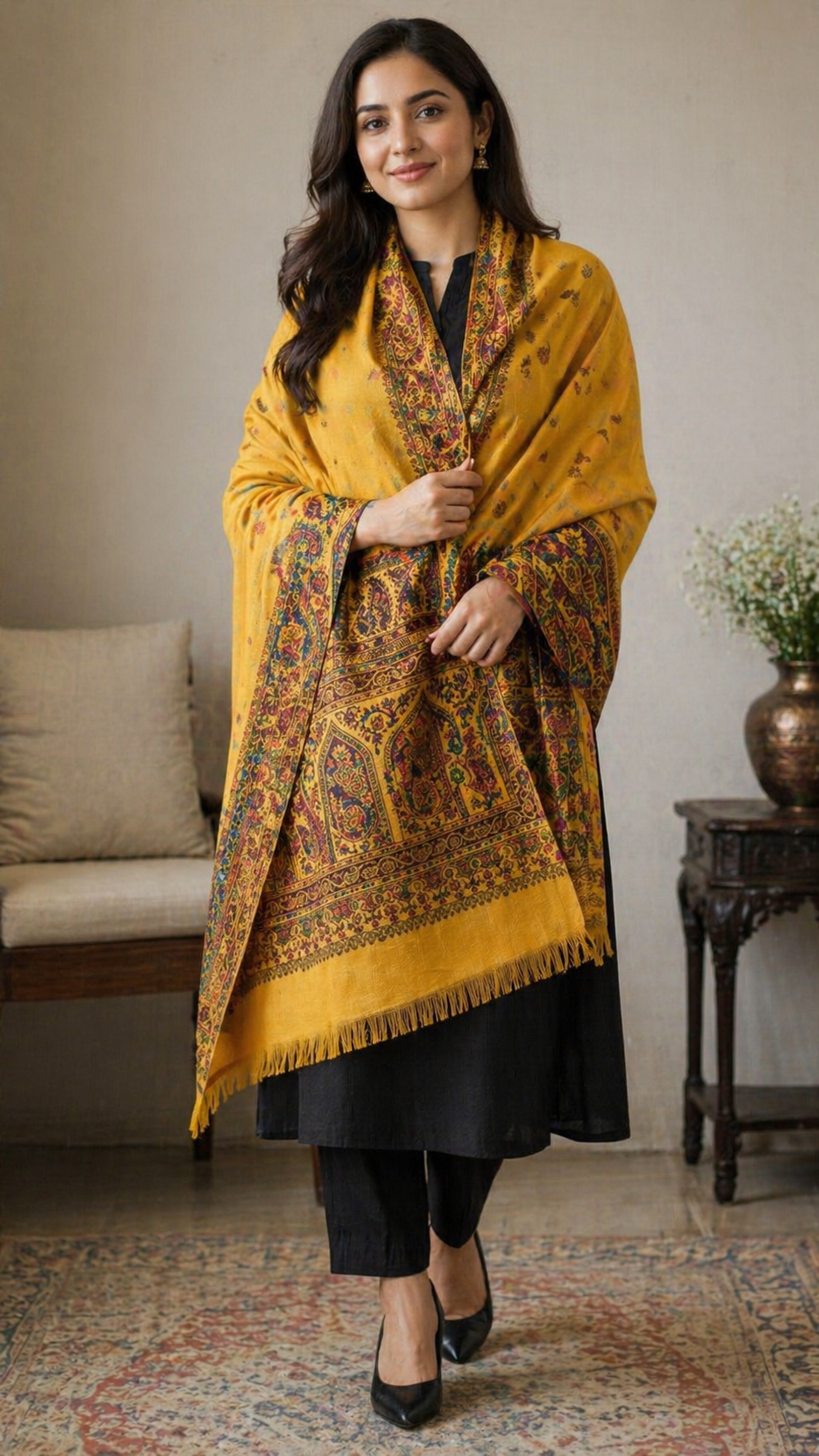 Mustard Kashmiri Style Embroidered Shawl
