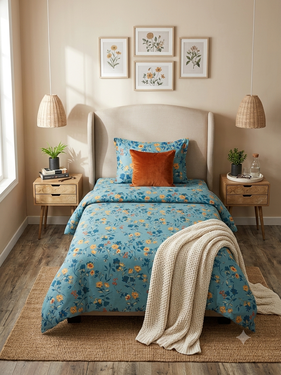Monte Carlo Home Elegance Premium 100% Cotton Single Bedsheet Set – Teal & Marigold Botanical