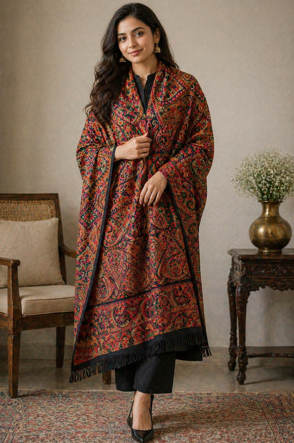 Royal Mosaic Pattern Woven Shawl – Deep Multicolor Elegance