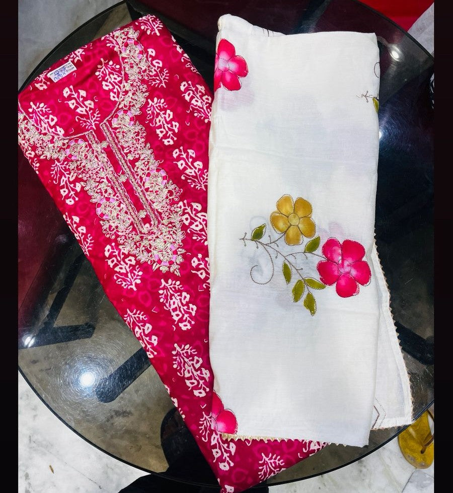 Cambric Cotton Printed Suit with Floral Dupatta
