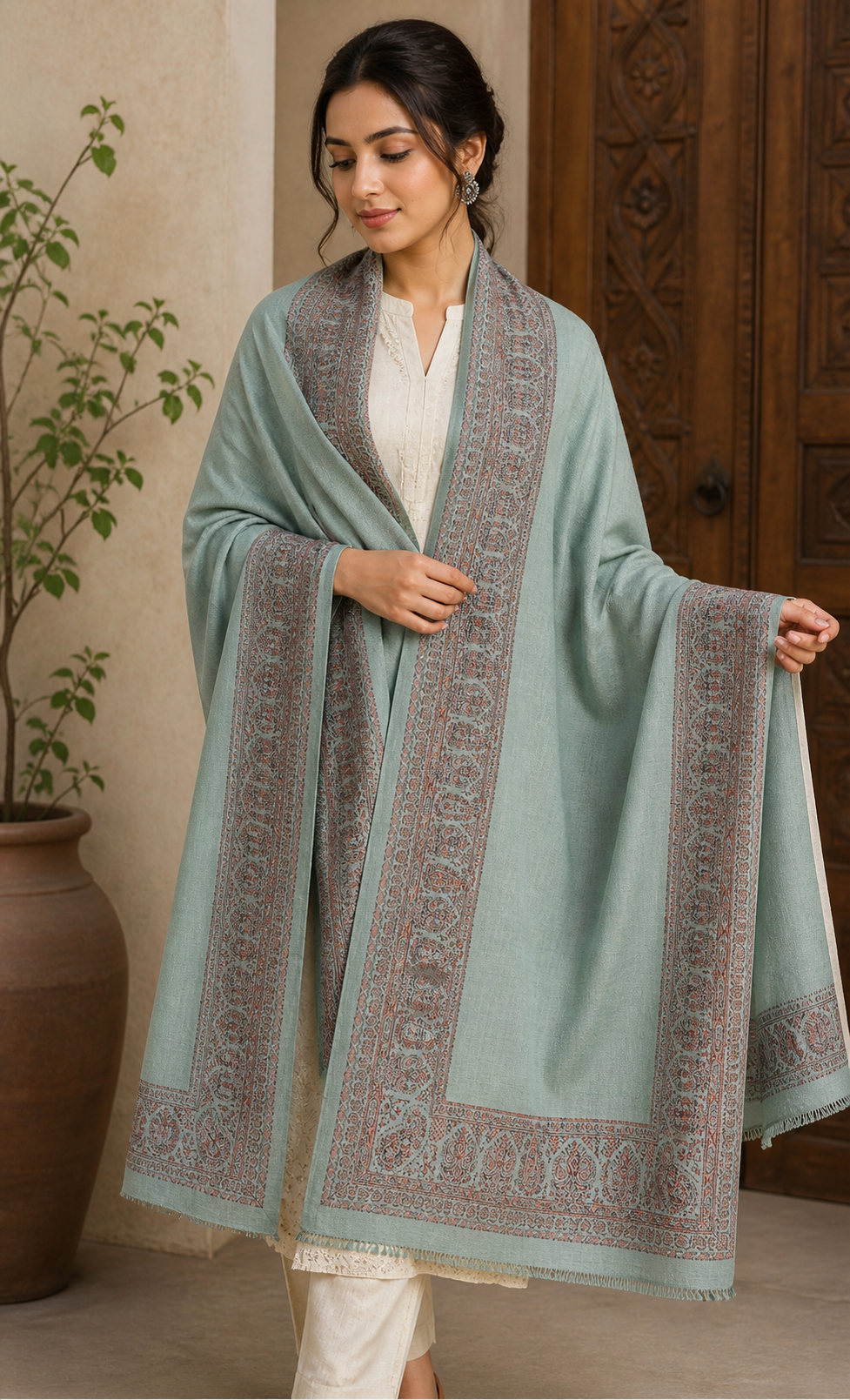 Pastel Sage Kashmiri Border Shawl