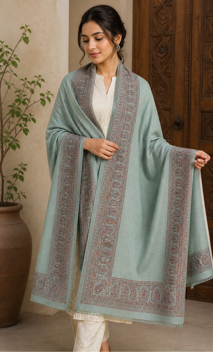 Pastel Sage Kashmiri Border Shawl