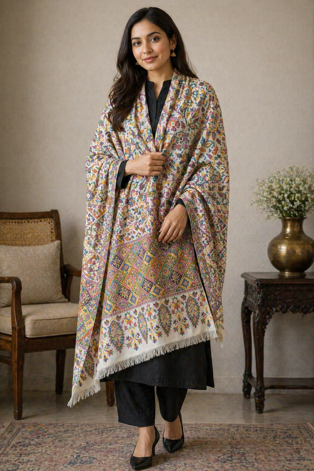 Elegant Floral Multicolor Shawl with Designer Patch Border