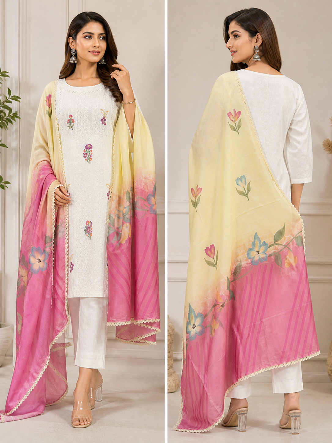 Elegant White Embroidered Suit with Floral Organza Dupatta