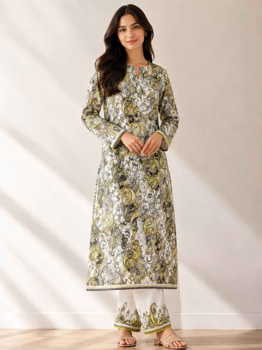Pure Mal Cotton Printed Suit Set – Olive Green Paisley