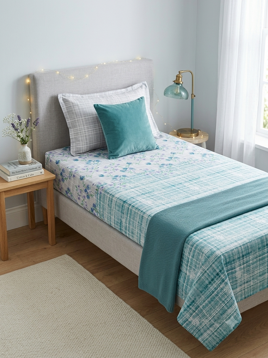 Monte Carlo Home Elegance Premium 100% Cotton Single Bedsheet Set – Teal Floral & Plaid