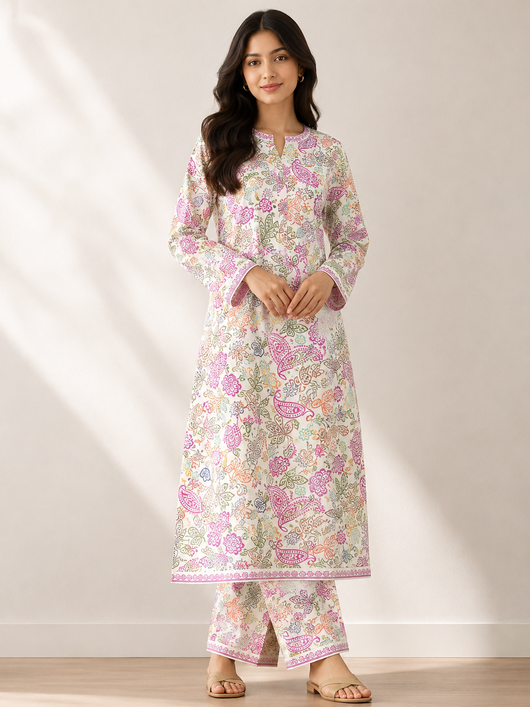 Pastel Paisley & Floral Hand-Block Printed Mal Cotton Suit Set