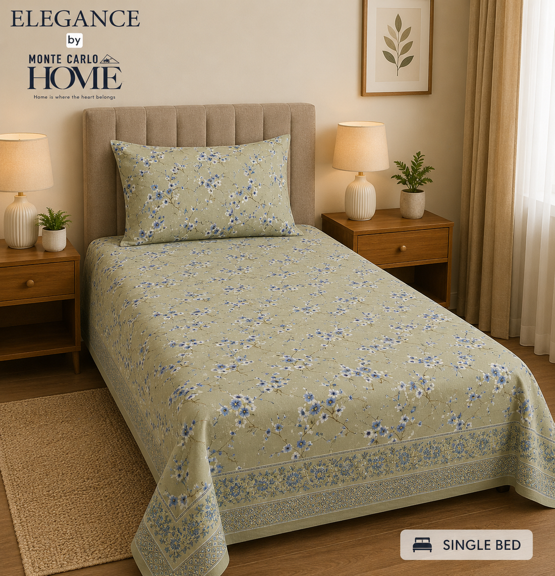 Monte Carlo Home – Elegance Single Bedsheet (Beige & Blue Floral Print)