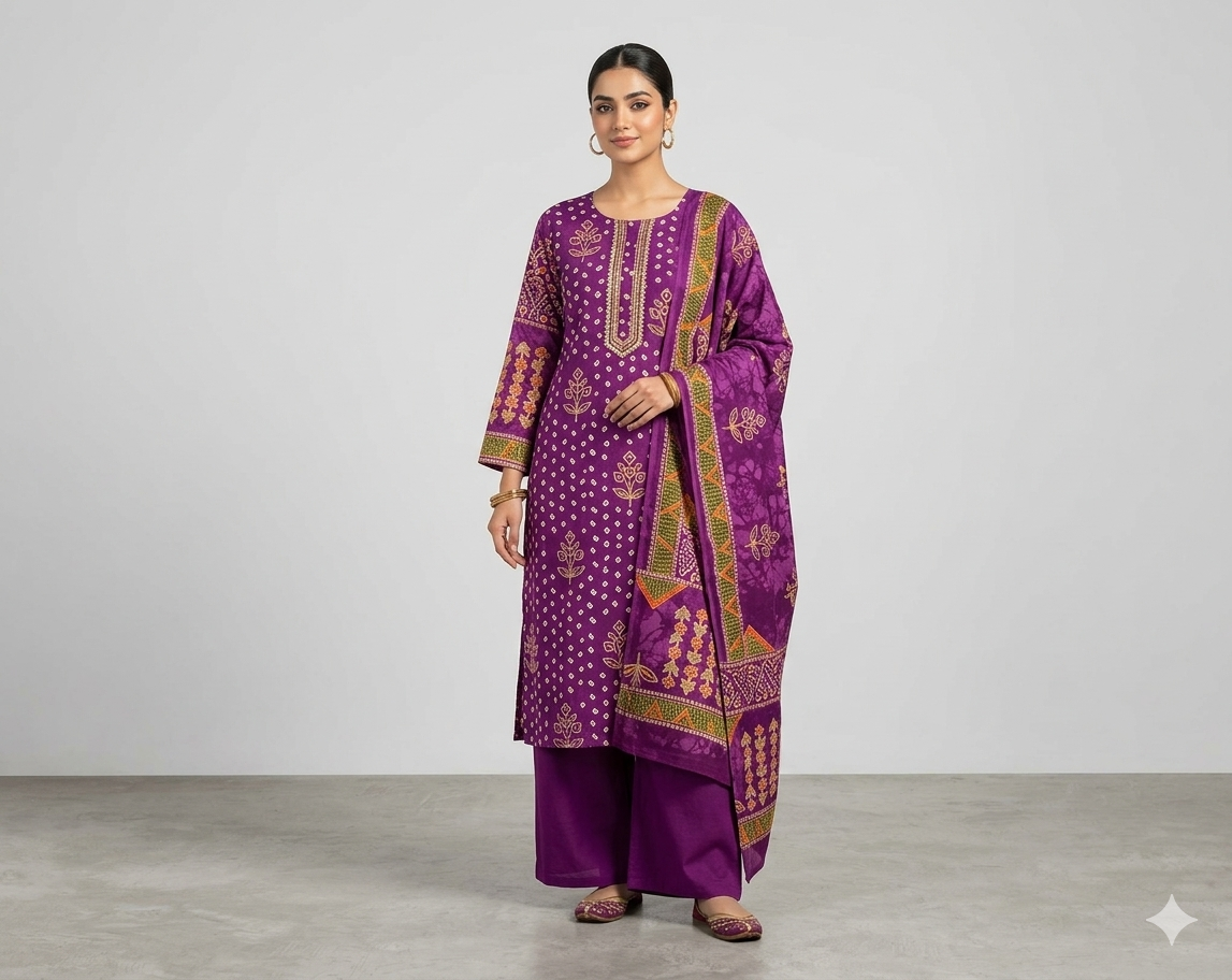 Royal Purple Bandhani Print Suit