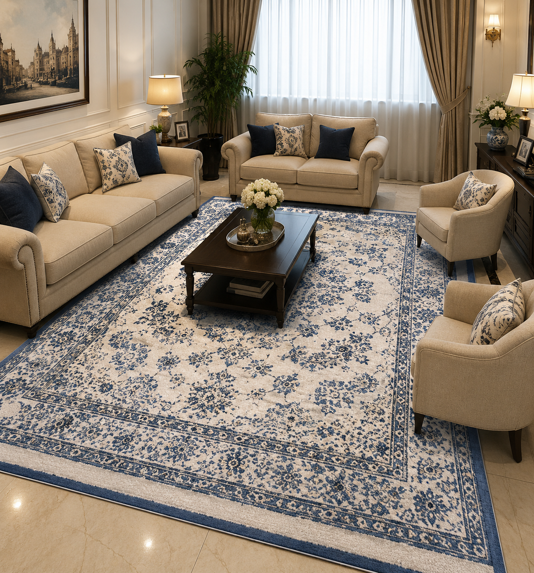 Blue Vintage Floral Carpet – 3 × 6 ft
