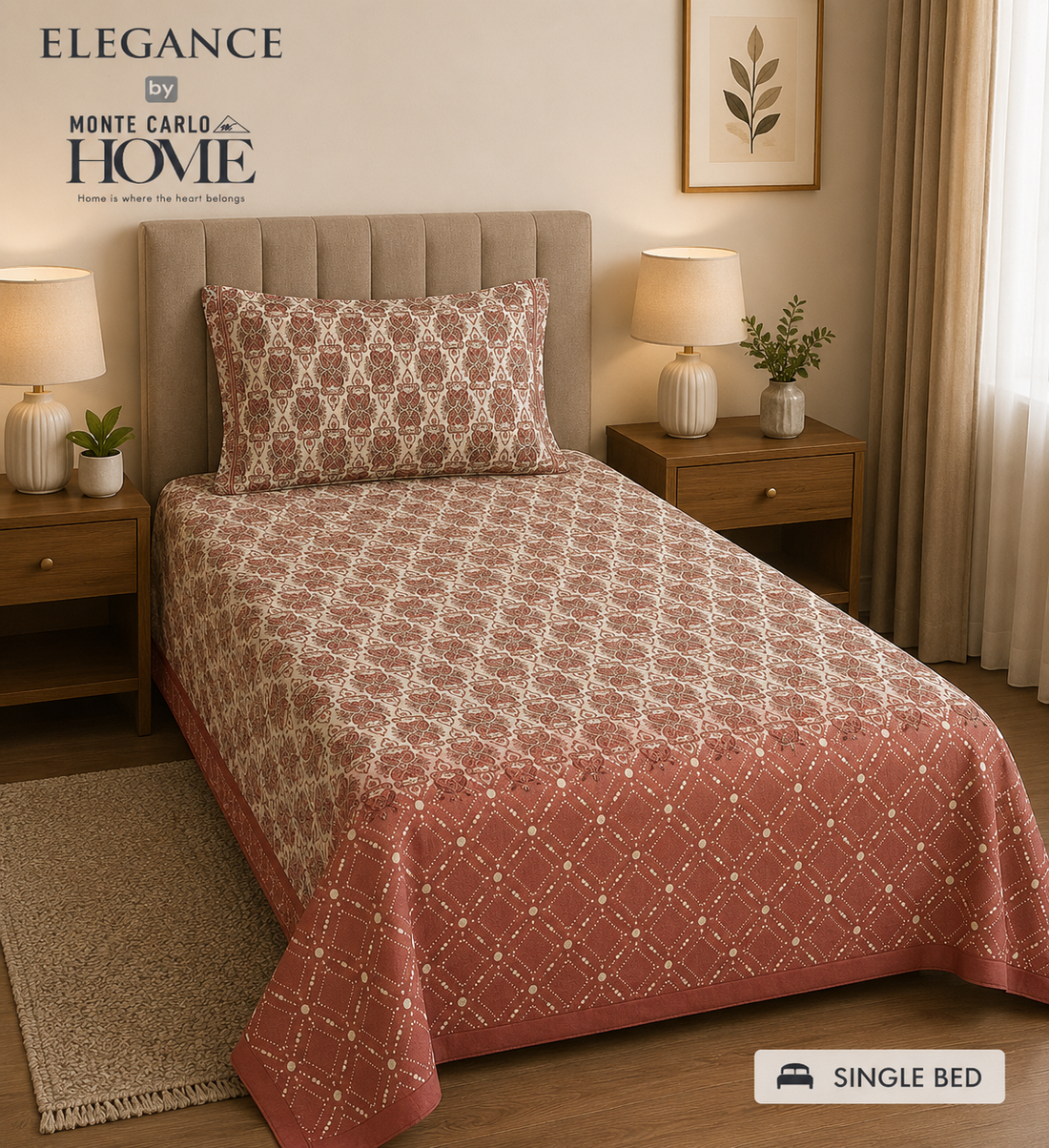 Monte Carlo Home Elegance Single Bedsheet | 100% Premium Cotton | Rose Pink Floral Design