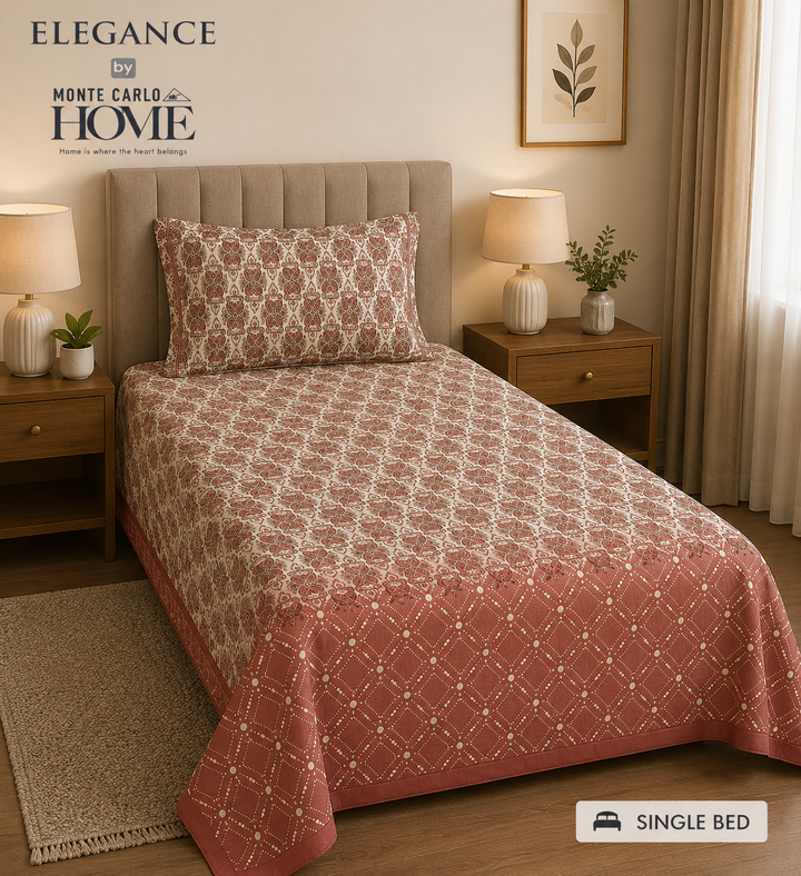 Monte Carlo Home Elegance Single Bedsheet | 100% Premium Cotton | Rose Pink Floral Design