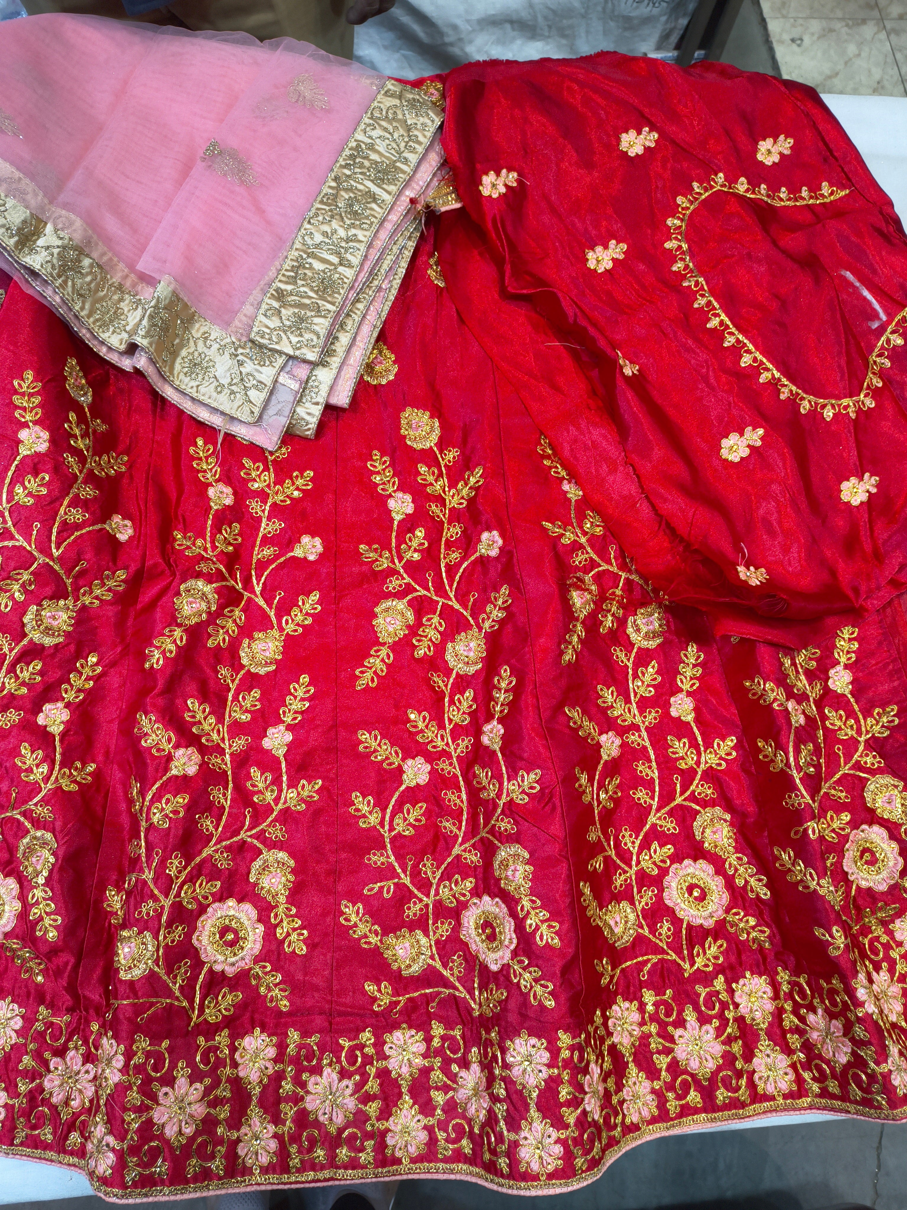 Red Satin Silk Unstitched Lehenga Choli with Pink Dupatta & Gold Embroidery