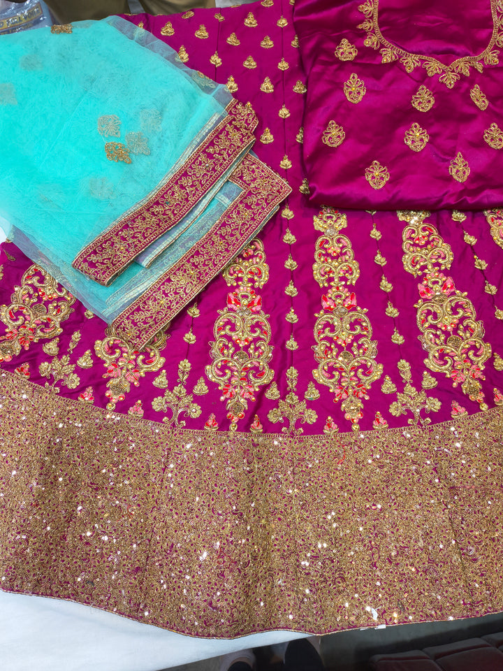 Magenta Satin Silk Unstitched Lehenga Choli with Aqua Net Dupatta