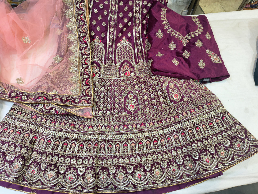 Wine Purple Velvet Unstitched Lehenga Choli with Peach Net Dupatta