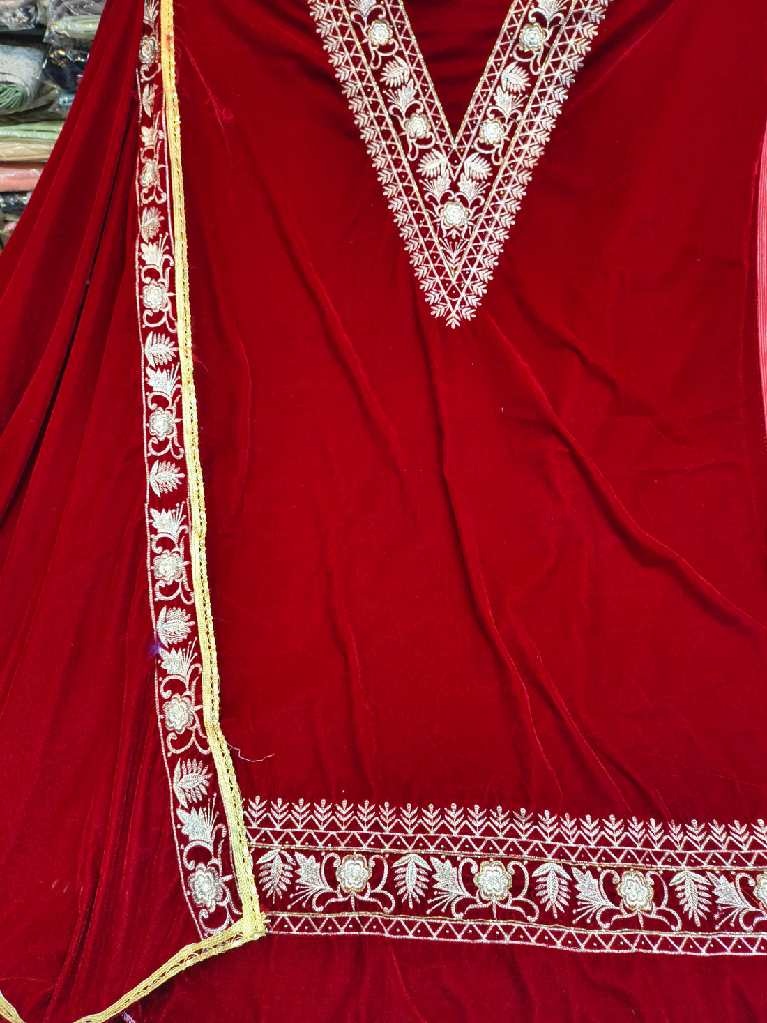 Wine Red Velvet Embroidered Unstitched Ladies Suit Fabric with Dupatta