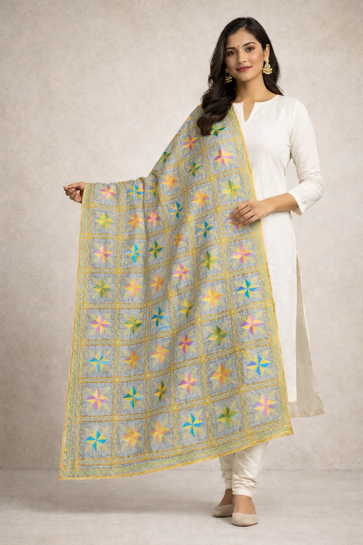 Pastel Grey Multicolor Phulkari Dupatta with Golden Thread Embroidery